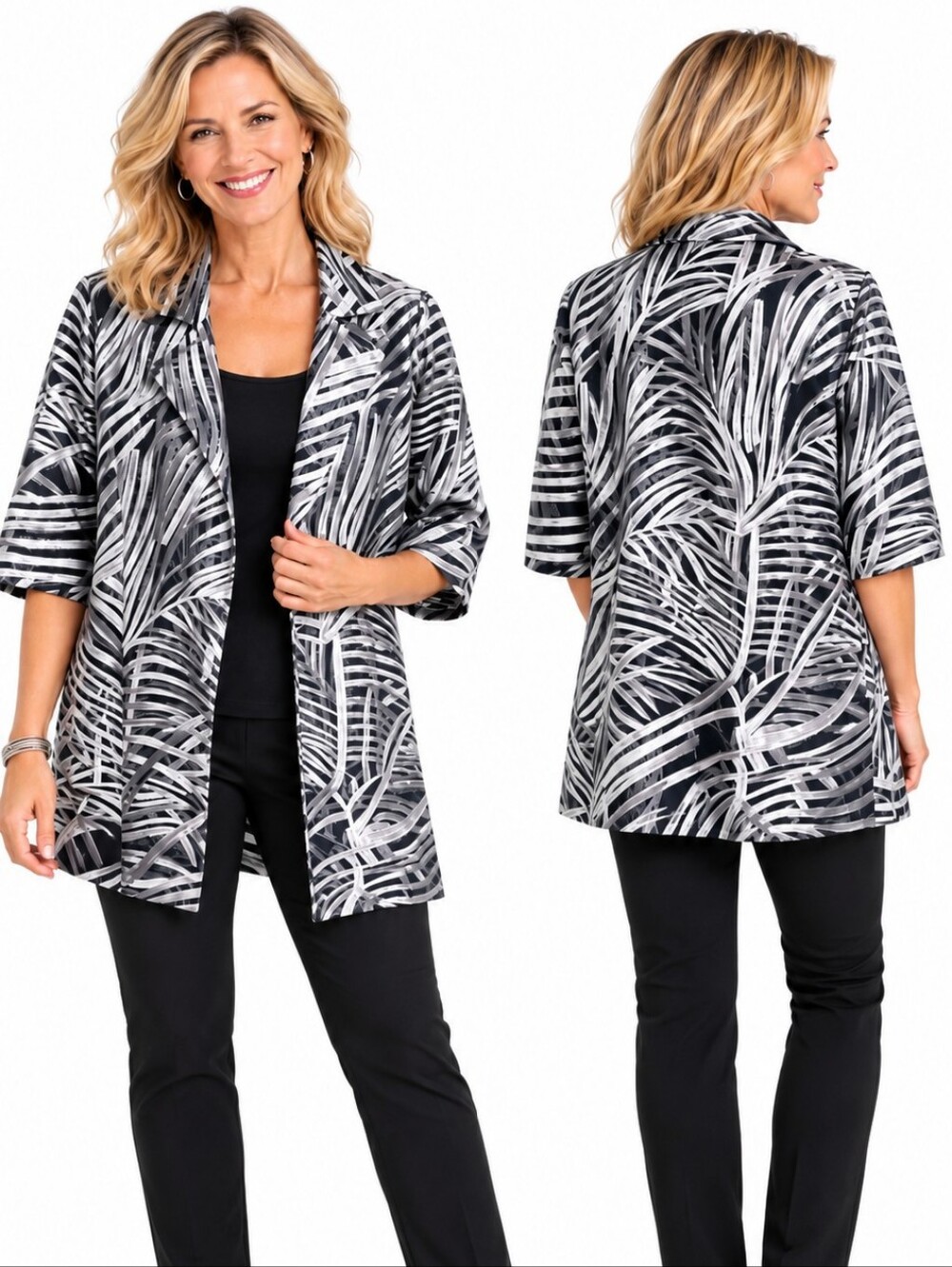 Chico’s Travelers Size 2 Large Black Silver Metallic Embroidered Mesh Jacket